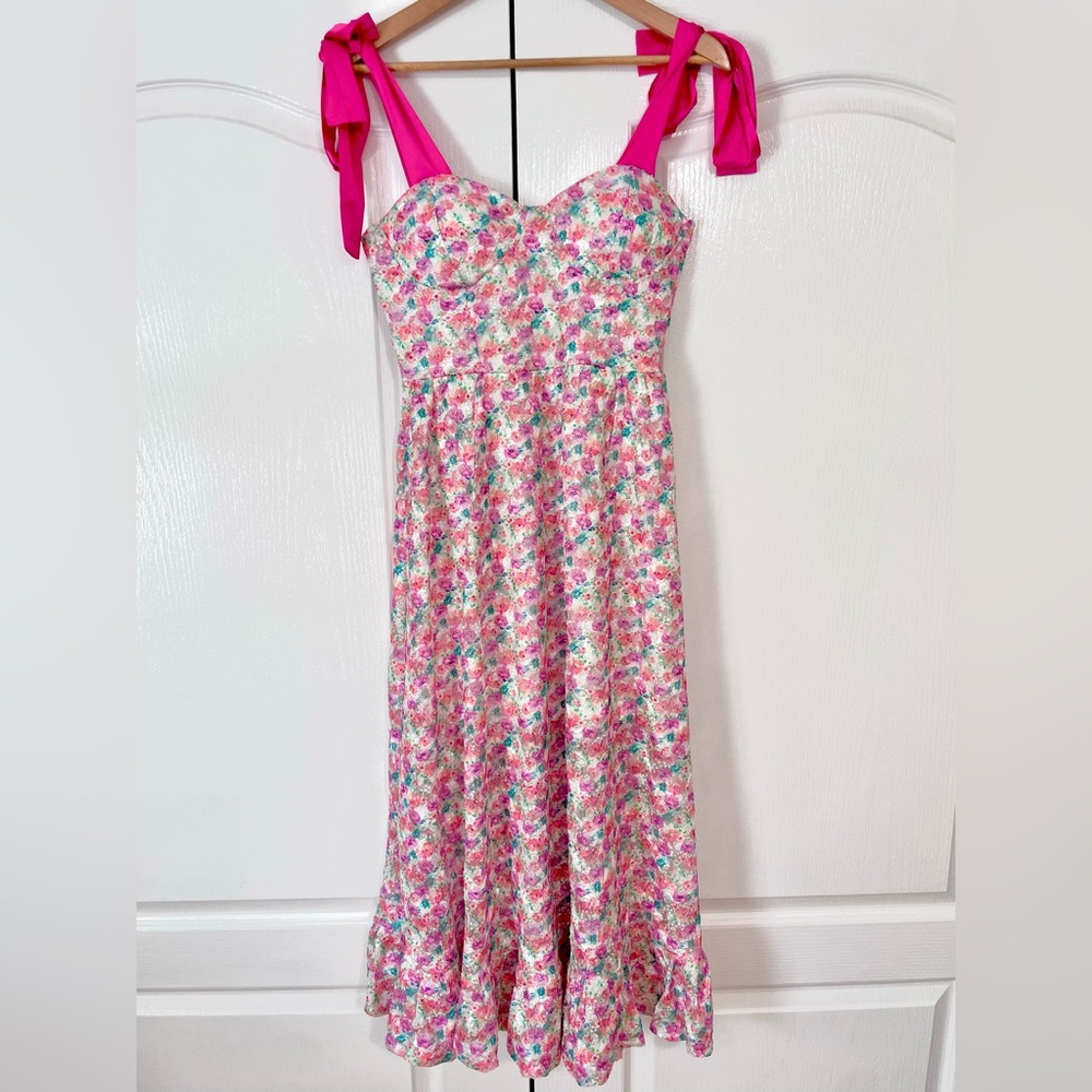 Satin Ribbon Floral Print Dress- NEW